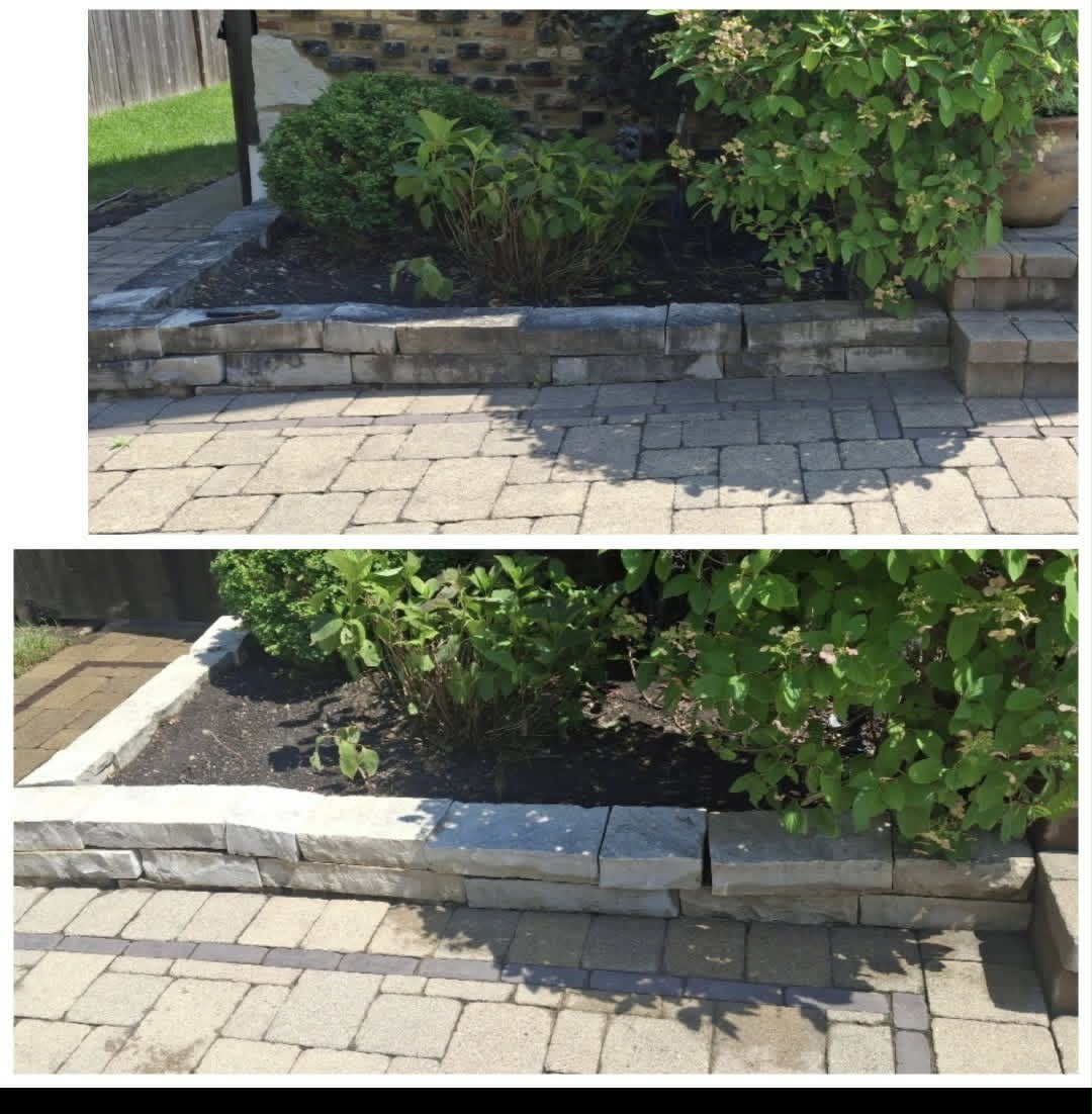 Stone retaining wall and paver patio cleaning before and after