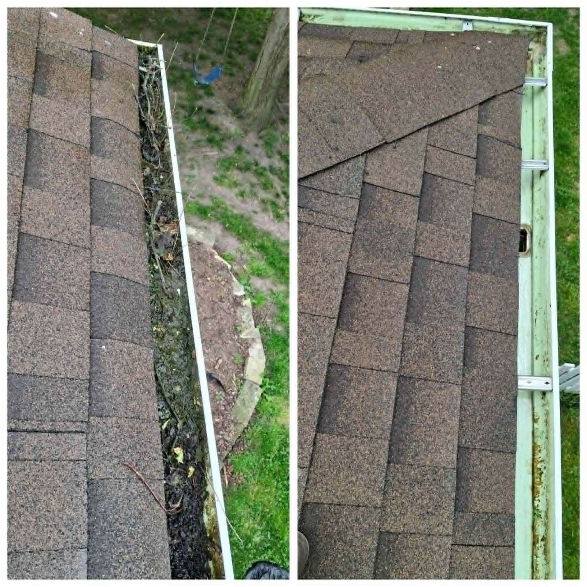 Gutter brightening and exterior trim cleaning before and after
