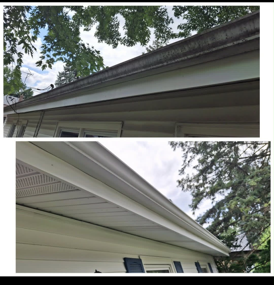 Gutter, fascia, and soffit soft washing before and after in Geneva, IL
