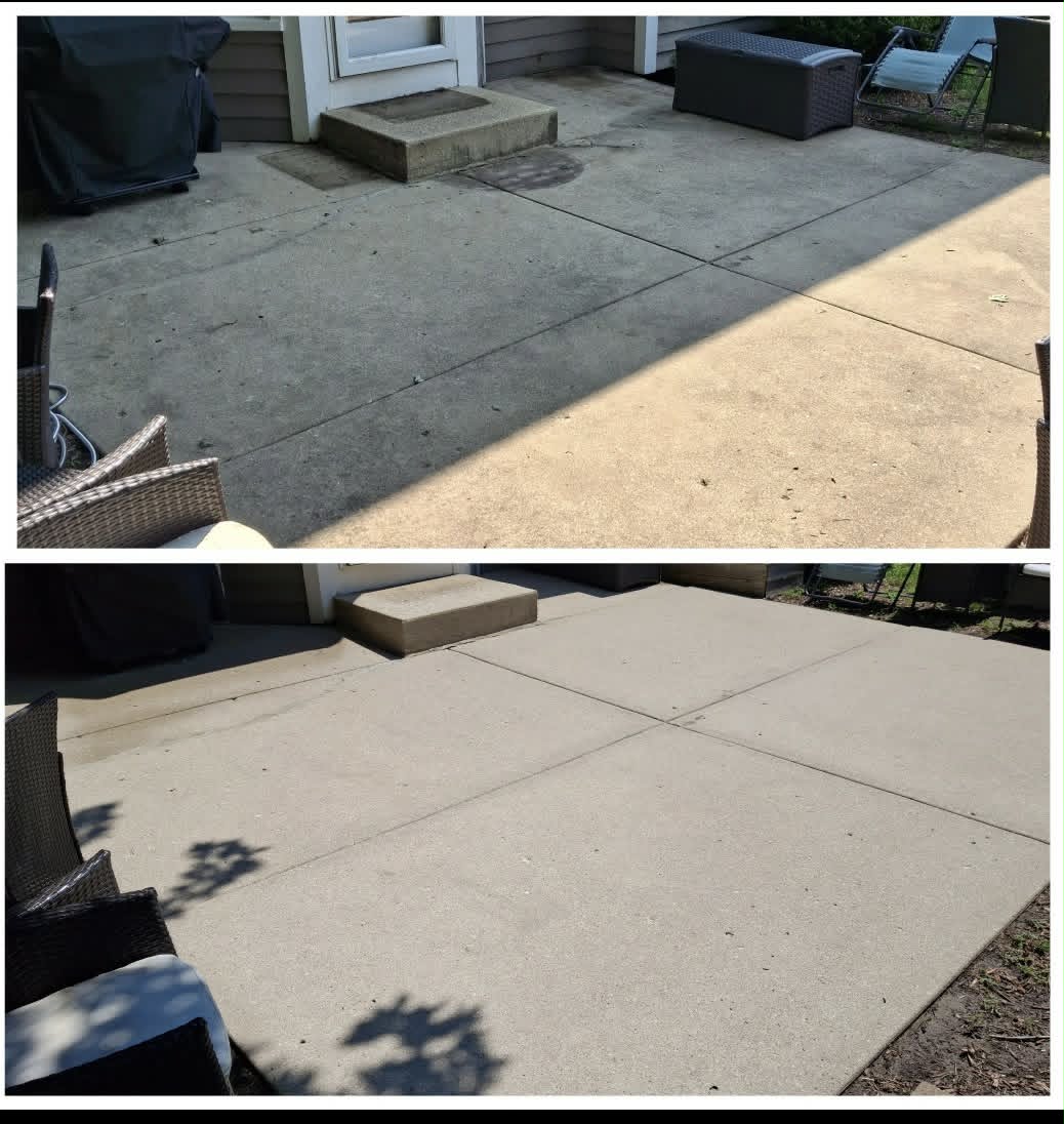 Backyard concrete patio pressure washing before and after in Saint Charles, IL