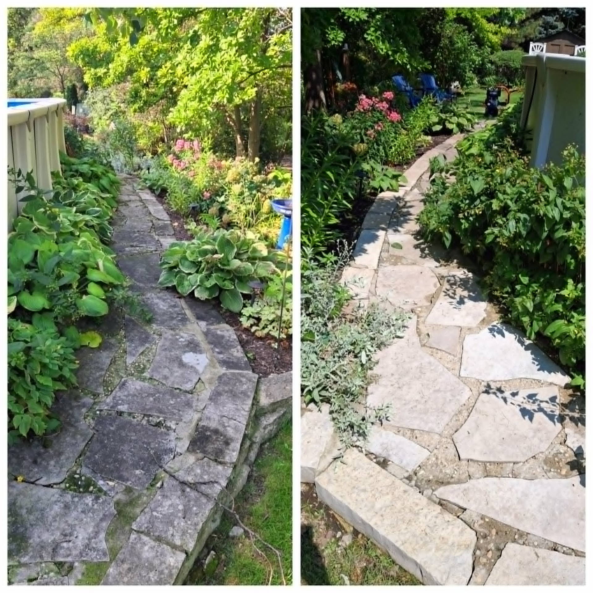 Natural stone garden walkway pressure washing before and after restoration