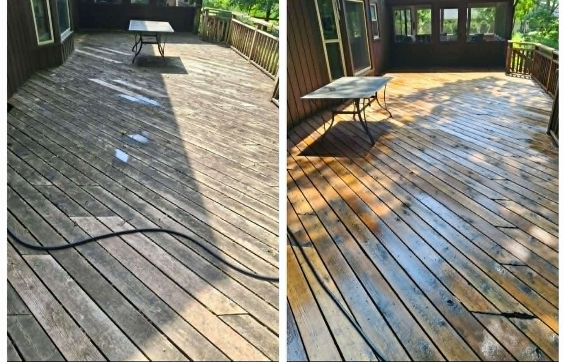 Wood deck pressure washing before and after restoration