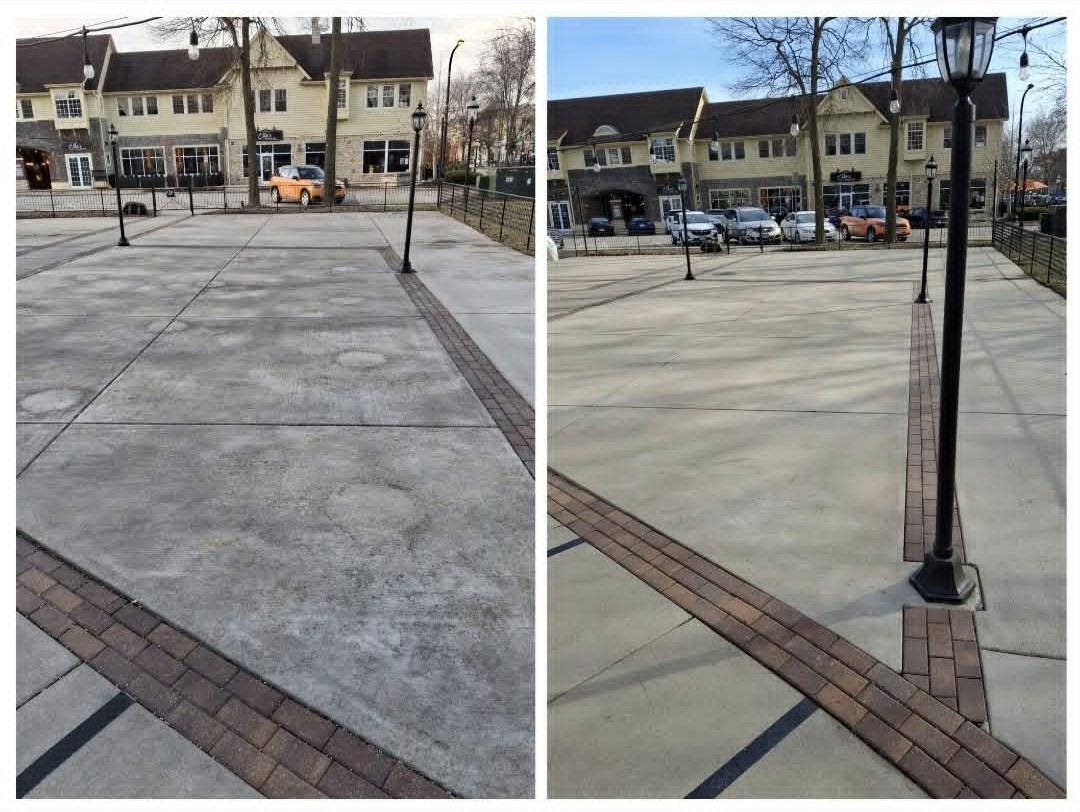 Commercial concrete plaza cleaning before and after